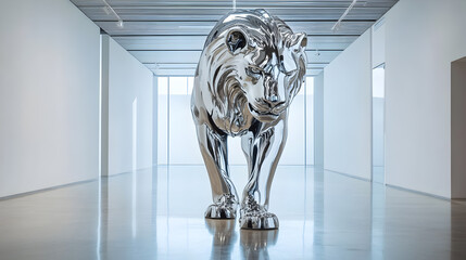 Sculpture of a majestic lion in a modern art gallery symbolizing strength and courage