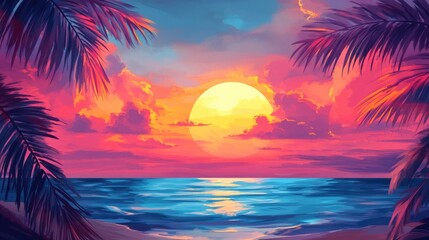 Vibrant Sunset Over Ocean with Lush Clouds and Palm Silhouettes Creating Space for Text or Messaging