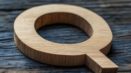Wooden letter Q cutout on rustic wood background showcasing empty space for personalized text or design elements