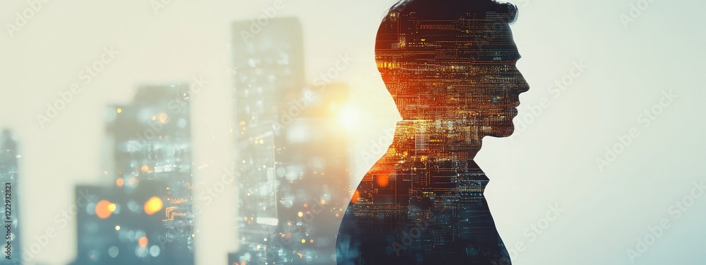 Poster double exposure of business professional with cityscape and programming elements featuring space for