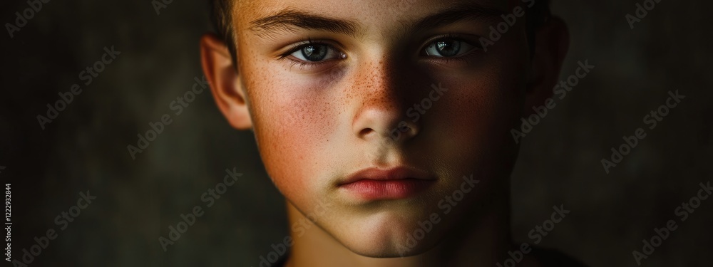 Poster portrait of a teenage boy with intense expression and empty space for customizable text in a dramati
