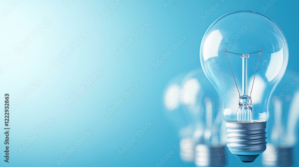 Poster Close up of glowing incandescent light bulbs on soft blue background with space for your text or message