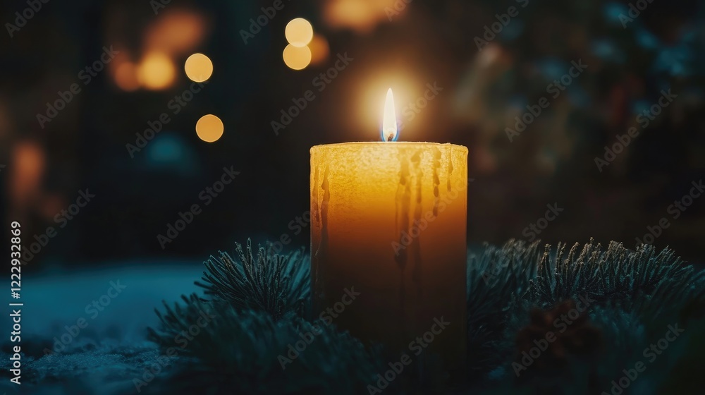 Poster Warm flickering candlelight glowing in darkness surrounded by greenery with blank space for adding text or messages in a cozy ambiance