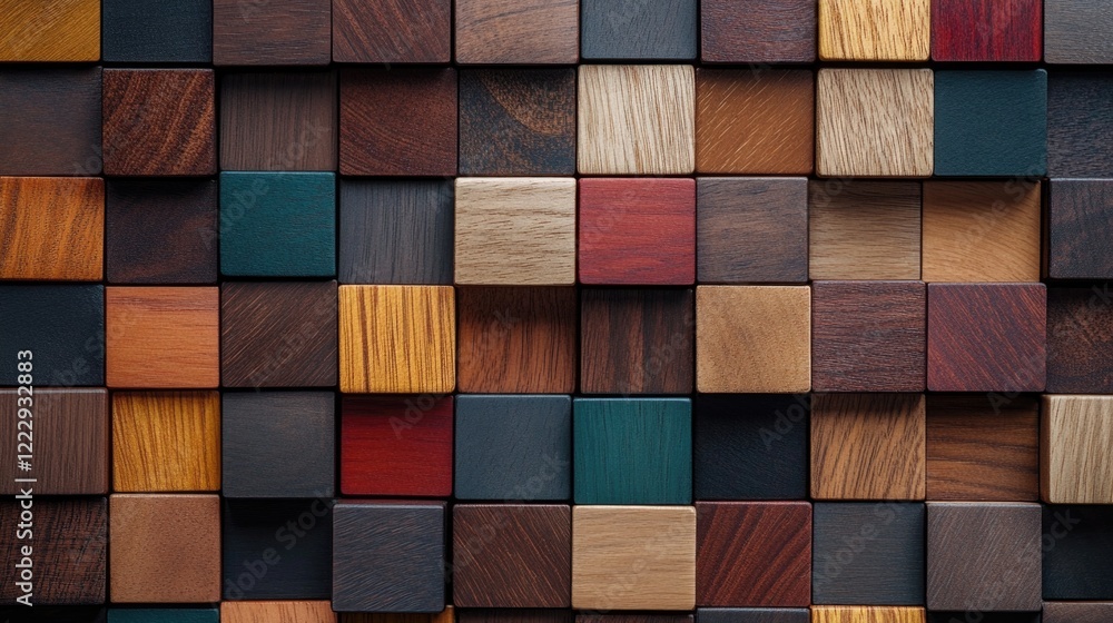 Poster wooden building blocks in various colors arranged creatively with blank space for text or graphics