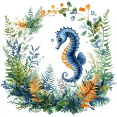 Colorful seahorse surrounded by vibrant aquatic plants in a lush underwater scene, ideal for decor