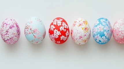 Fototapeta premium Vibrant Easter eggs decorated with cherry blossoms on a light background with space for text or branding in festive spring colors