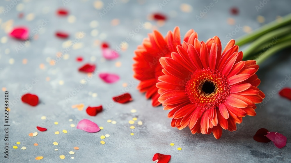 Poster Vibrant red gerbera daisies on a textured background with scattered petals and empty space for personalized text or messages