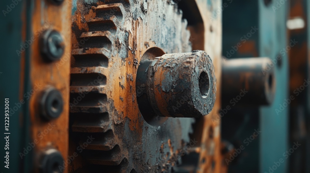 Poster close up of rusted industrial machinery gears with visible wear and empty space for text in a factor