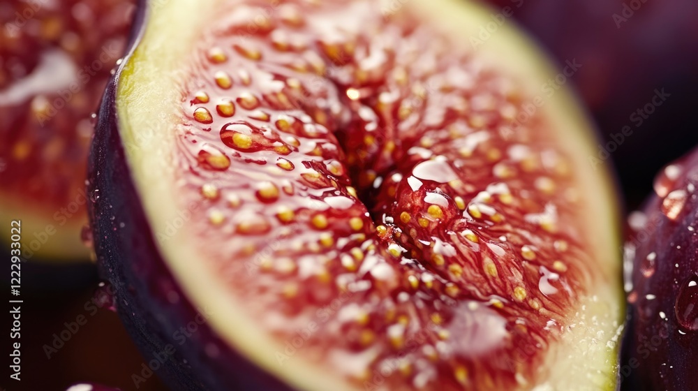 Poster Close up of a sliced fig with water droplets highlighting its texture against a blurred background creating space for text or design elements