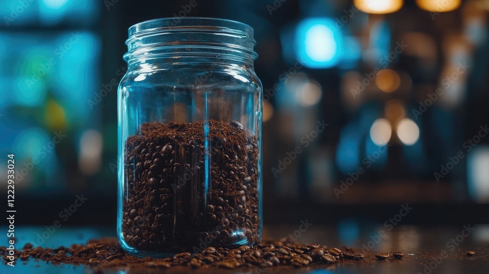 Poster Close up of a glass jar filled with coffee grounds on a table with blurred background and empty space for text or design elements