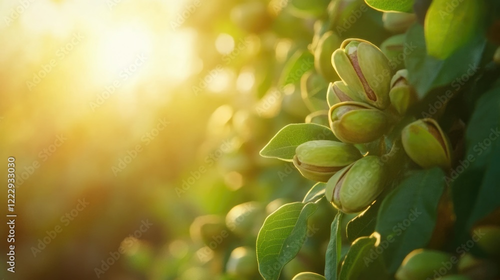 Poster pistachio nuts growing on tree branches with soft sunlight creating a warm atmosphere and ample spac