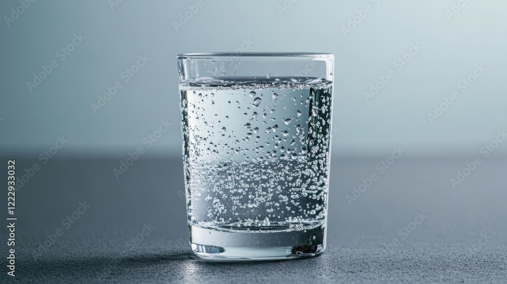 Poster close up of a glass filled with sparkling water droplets on a surface with ample empty space for tex