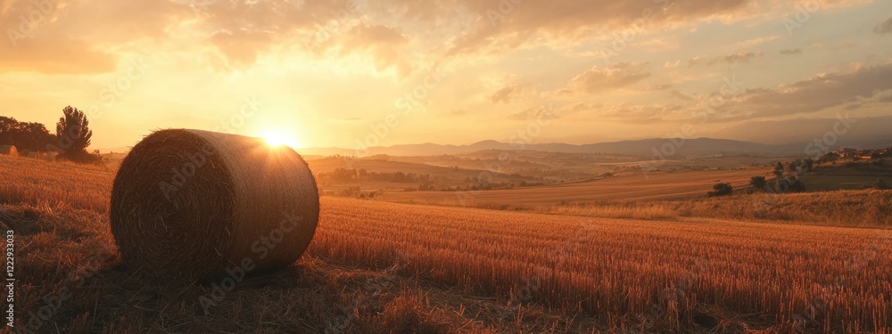 Poster serene sunset over a golden field with hay bales and expansive sky featuring empty space for text or