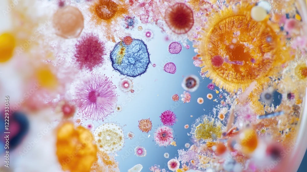 Poster colorful microscopic view of diverse microorganisms with blank space for text overlay in scientific 