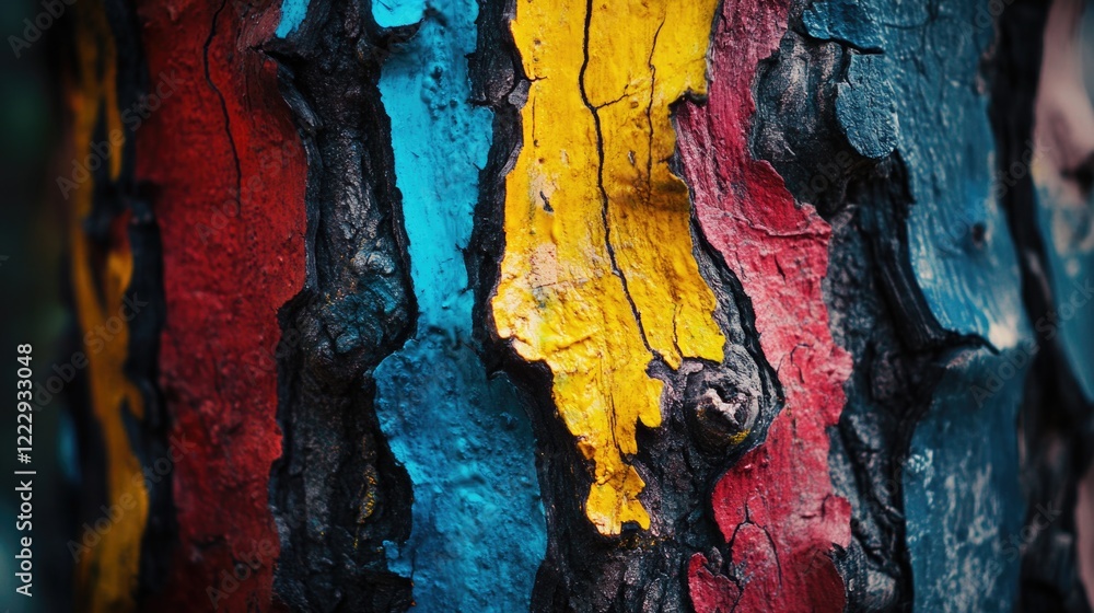 Aufkleber vibrant close-up of a colorfully painted tree trunk with blank space for creative text or message