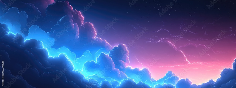 Poster dramatic thunderstorm clouds illuminated by lightning with vibrant colors and ample space for text o