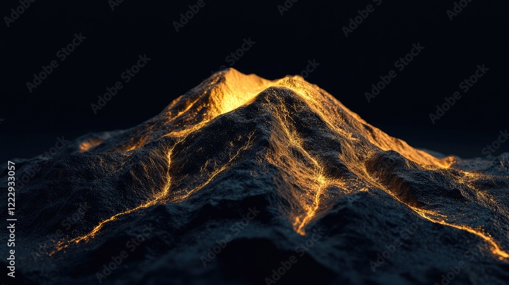 Poster golden volcanic landscape illuminated against a dark sky highlighting flowing lava textures with amp