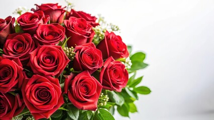 Fototapeta premium Beautiful bouquet of red roses with lush greenery and soft petals against a simple white background, flower bouquet, holiday bouquet