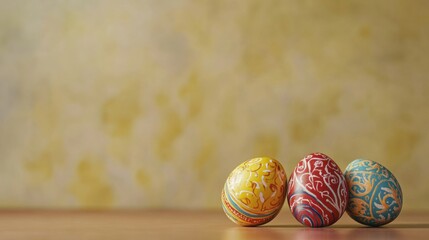Fototapeta premium Vibrant Easter eggs arranged on a wooden table against a soft yellow background with space for personalized text or messages