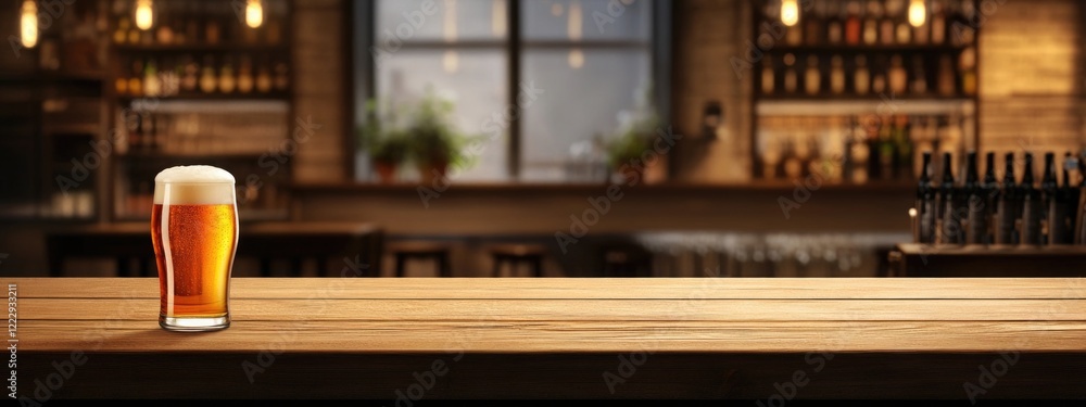 Aufkleber draft beer on wooden bar counter with cafã© shop interior in background and empty space for custom t