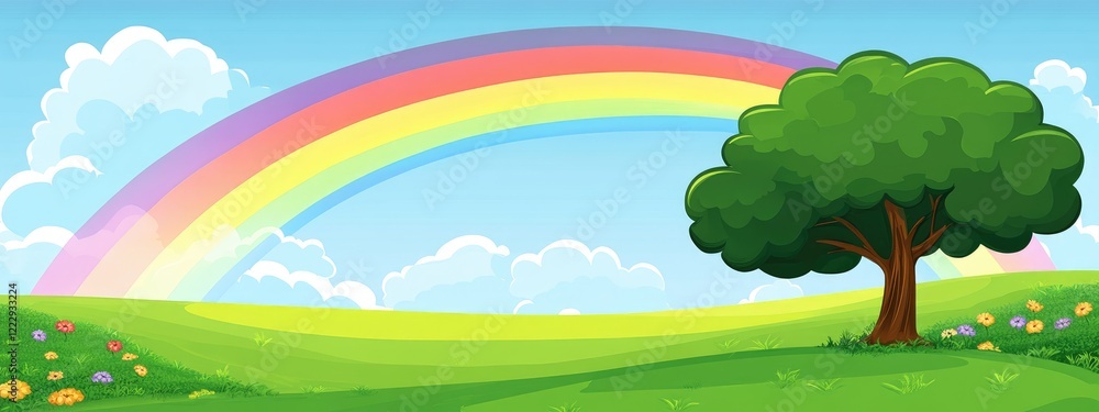 Poster double rainbow over lush green fields with a solitary tree creating space for text and vibrant blue 