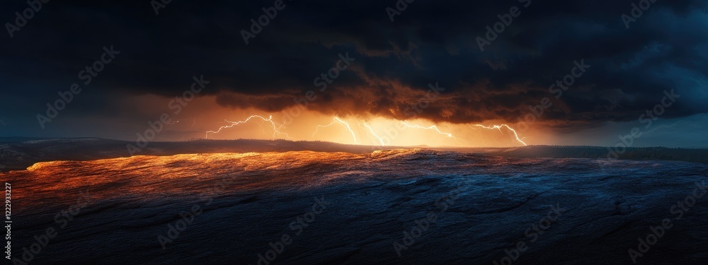 Poster dramatic nighttime skyline with lightning and dark storm clouds creating an atmospheric backdrop wit