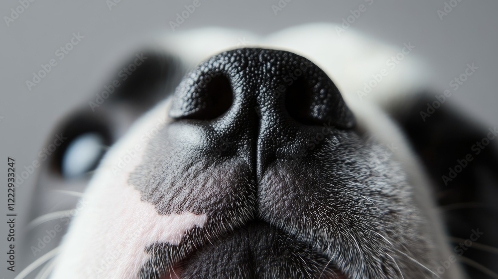 Poster Close up of a French bulldog's nose and face highlighting texture with soft background providing ample space for text overlay