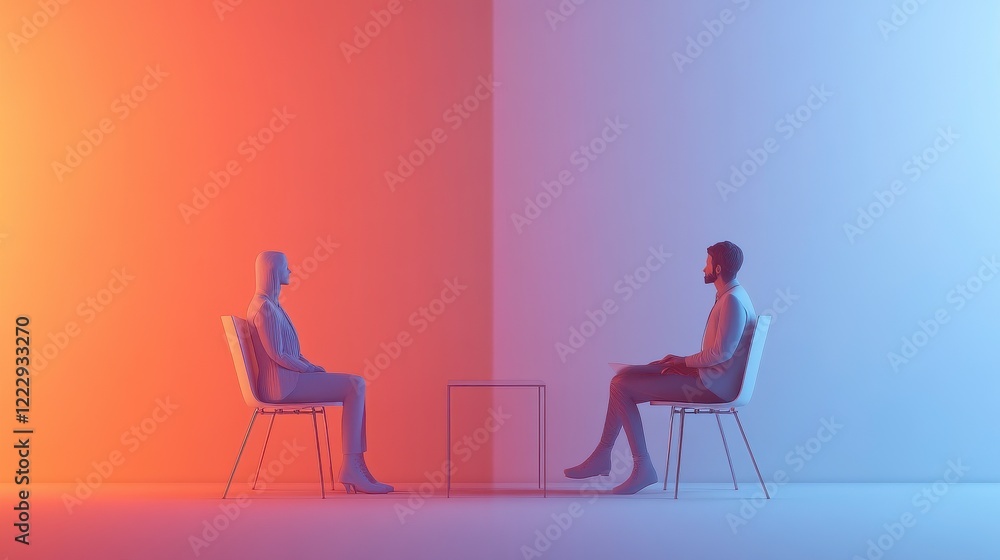 Poster a minimalist scene featuring two figures sitting in contrasting colored spaces, engaging in a silent
