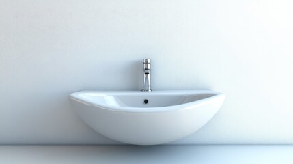 Fototapeta premium Modern bathroom sink design with minimalist aesthetic and ample copy space against a clean white wall for promotional use.
