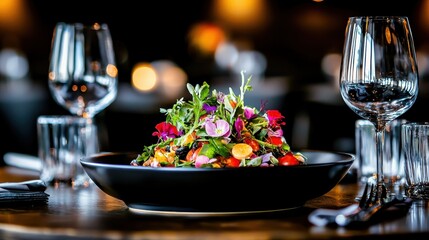 Colorful Fresh Salad with Edible Flowers in Upscale Restaurant Setting