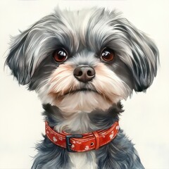A close-up portrait of a small dog with a red collar, showcasing its expressive eyes and fluffy fur