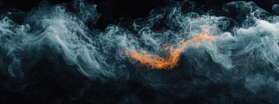 Dramatic abstract black and orange wave patterns with dark smoke and space for customizable text or graphics