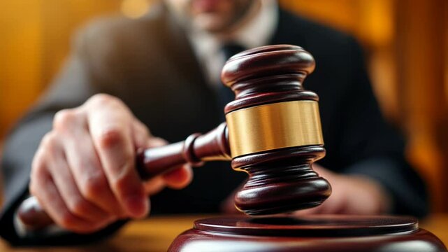 Legal authority gavel in motion. Justice system and court proceedings concept. Wooden judge hammer striking ceremonial block for verdict announcement with copy space