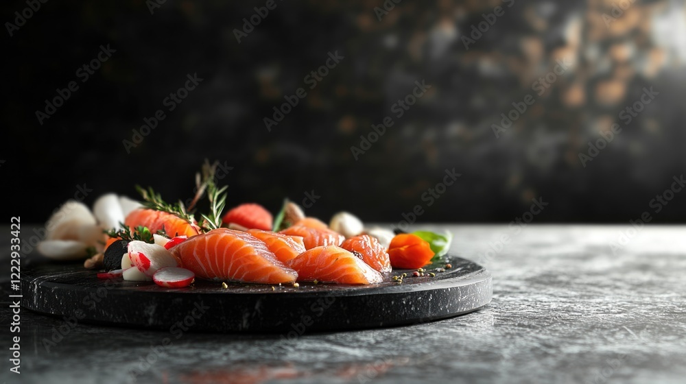 Poster scandinavian deli platter with fresh seafood and empty space for text on stone background