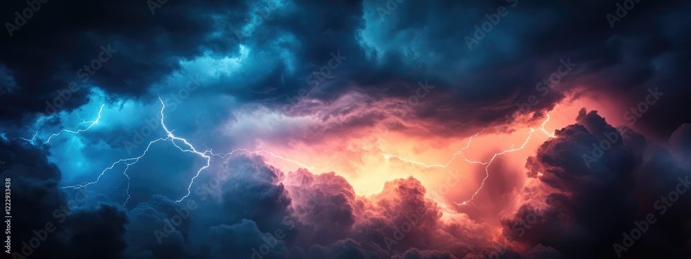 Poster dramatic storm clouds with vibrant pink and orange lightning illuminating the atmosphere featuring e