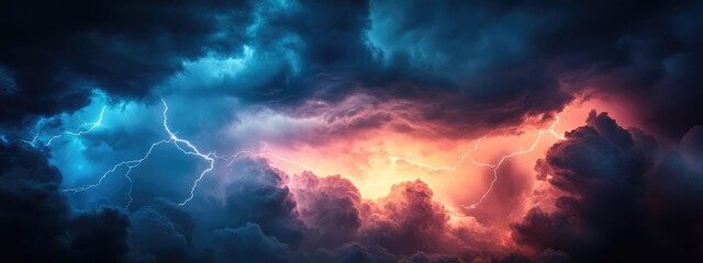 Obraz premium Dramatic storm clouds with vibrant pink and orange lightning illuminating the atmosphere featuring empty space for text and design elements