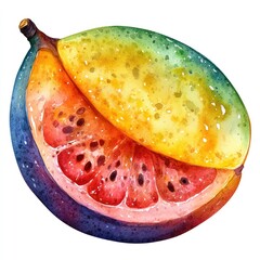 Vibrant watercolor illustration of a sliced fruit showcasing bright colors and textures