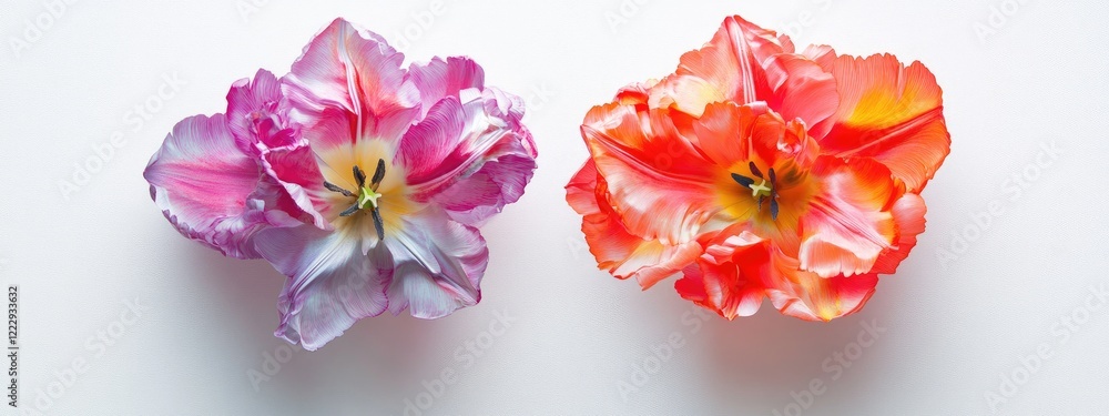 Poster double tulip flowers in vibrant colors on a white background with ample space for text and design el