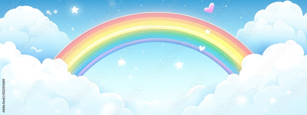 Poster double rainbow in cloudy sky with enchanting atmosphere and blank space for text to add custom messa
