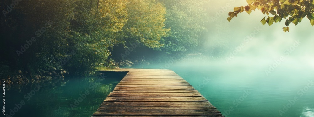 Aufkleber serene wooden pier extending into tranquil waters surrounded by lush greenery and mist creating a pe