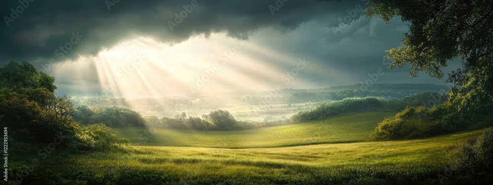 Aufkleber dramatic light beams through dark clouds over a serene fantasy landscape at dawn with ample space fo