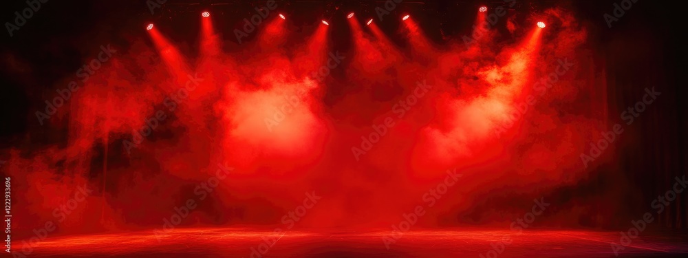 Poster dramatic stage setup with red lighting and smoke for presentations showcasing empty space for text o