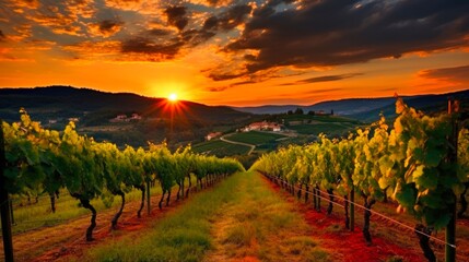 Naklejka premium Chianti Vineyard Landscape at Sunset in Gaiole, Tuscany, Italy - Vinery, Wine, and Agriculture in the Heart of Nature