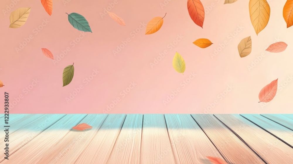 Poster colorful wooden table surrounded by falling autumn leaves with soft background and ample copy space 