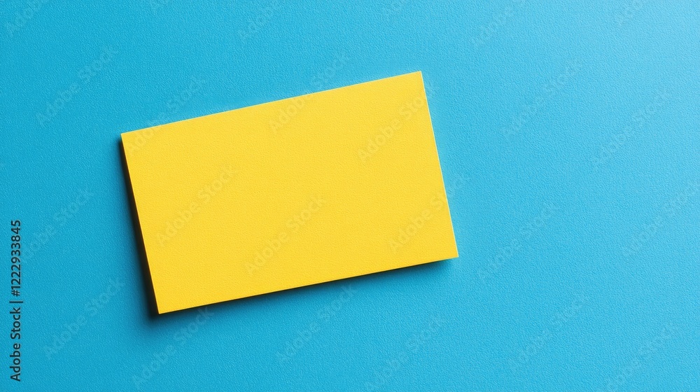 Poster yellow product index card mockup flat lay on blue background with empty space for custom text and de