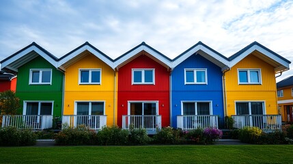A row of colorful houses with gabled roofs and white trim.