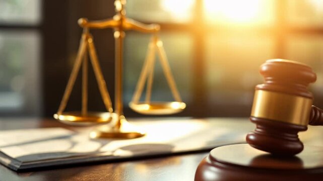 Legal justice symbols in courtroom setting. Golden balance scales and wooden gavel on judge desk. Law and justice concept for attorney, lawyer services with natural lighting with copy space