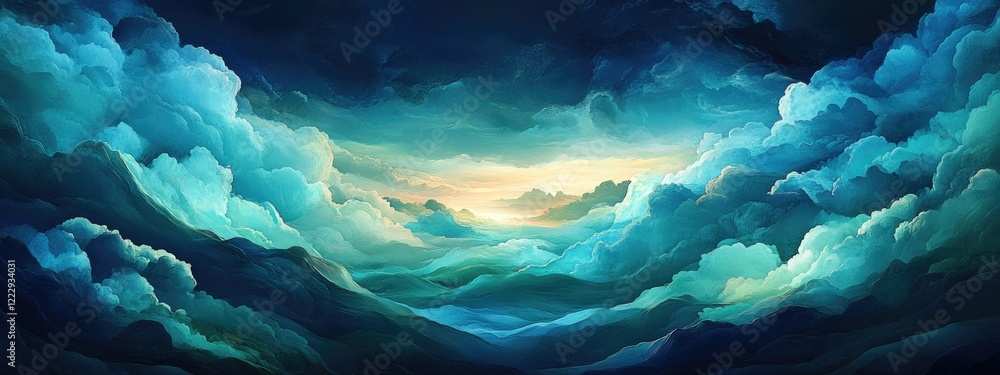 Poster dramatic seascape with vibrant blue and green clouds illuminated by soft light featuring ample empty