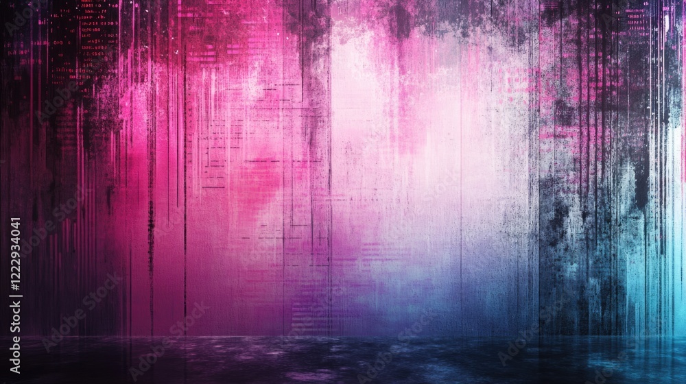 Fototapete Abstract digital background featuring coding data streams with vibrant pink and blue gradients and ample empty space for overlay text.