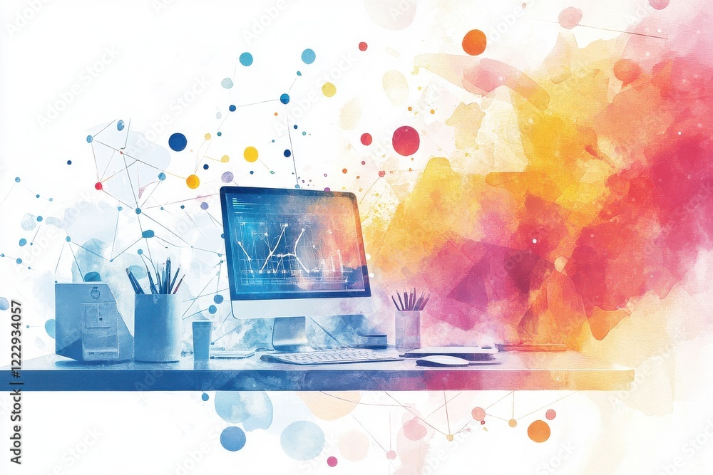 Poster a vibrant digital workspace featuring a computer and colorful splashes, symbolizing creativity and i
